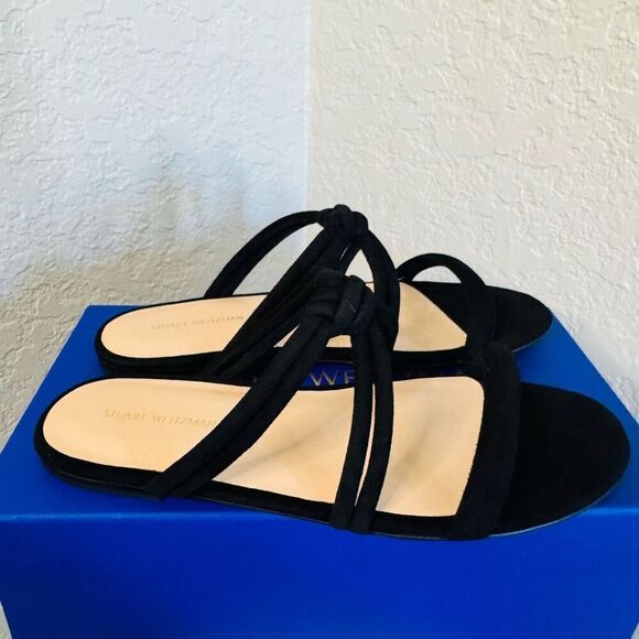 Stuart Weitzman Twist Knot Leather Slide Sandal, Designer Size 8,‎ Black, NWT - Picture 1 of 17